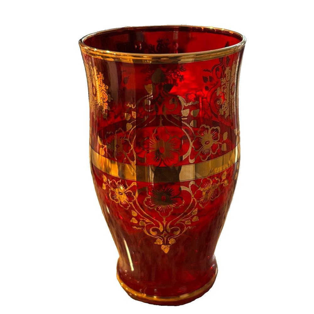Vintage Italian Venetian Ruby Red Tumbler Gold Gilt Floral & Scroll Design